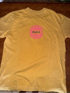RVCA Mustard Yellow Graphic Tee with Pink and Black Print Medium NWT